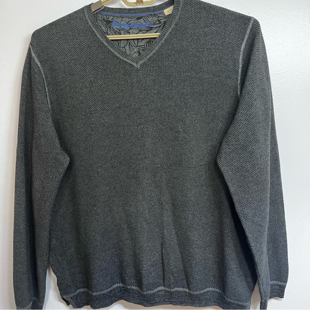 Tommy Bahama 100% Cotton Textured Knit V Neck Gray Sweater | XL | Reverse Seam